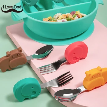 

2Pcs Soft Silicone Baby Spoon Set Cute Cartoon Animal Baby Feeding Dishes Tableware For Kids Learn To Eat Training Spoon Forks