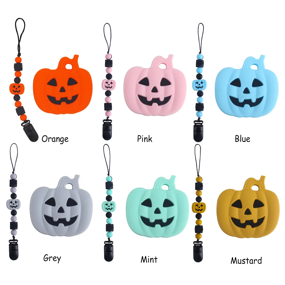 

Chenkai 10PCS Silicone Halloween Pumpkin Chain Clip Baby Teether Halloween Gift Infant Toys For Baby Rattle Pacifier Clip