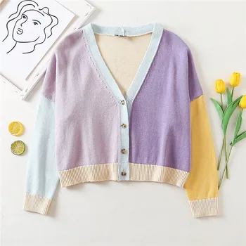 

BLSQR Casual V-neck Knitted Cardigan Sweater Women Autumn Long sleeve Button Female Cardigan Fashion Ladies Contrast Sweater