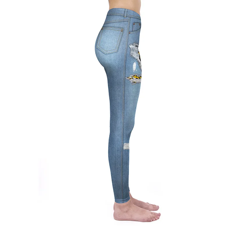 Women Leggings Fashion Ripped Denim 3D Printed Fitness Sport Leggings Street Style Workout Leggings Women Pants