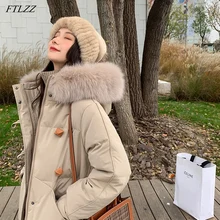 FTLZZ Winter Female 2022 New Large Real Fox Fur Collar Hooded Coat 90% piumino d'anatra bianco cappotto lungo da neve caldo spesso
