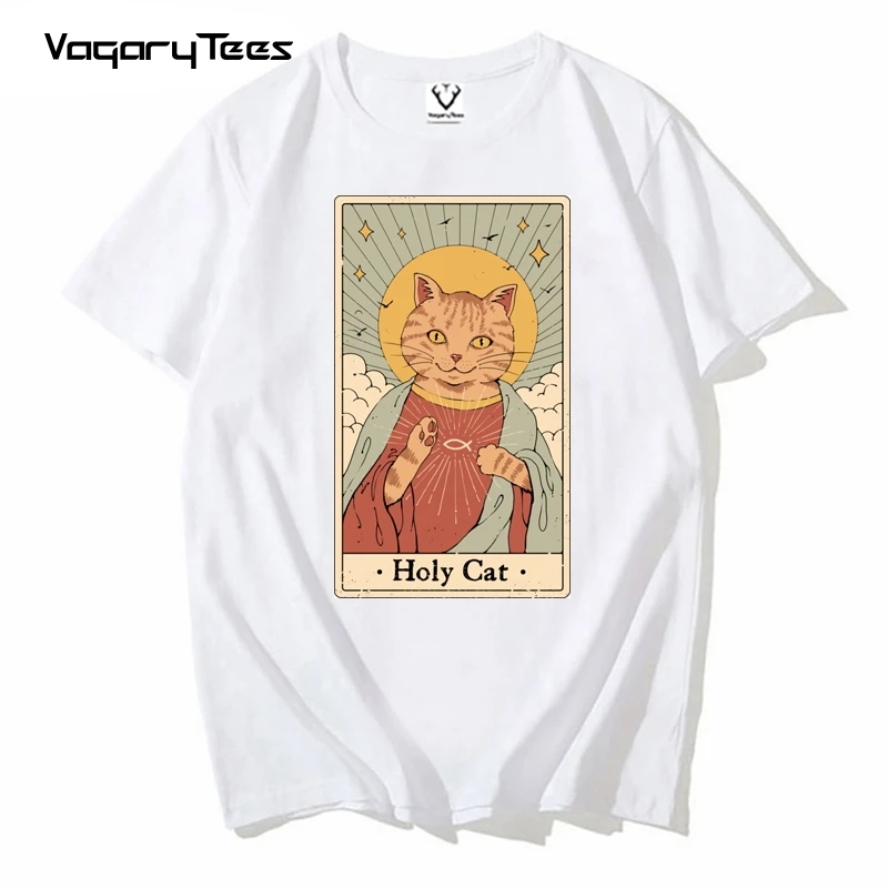 

Funny T Shirts for Men Tops Tees 2021 Holy Cat Printed Funny Men/Women Tshirt Vintage Anime Shirt Clothes O-Neck streetwear tee