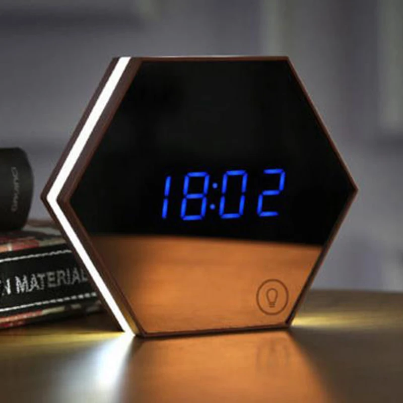 Multi-Function Mirror Alarm Clock Led Makeup Mirror Night Light Dimmable Bedside Lamp