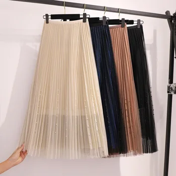 

New Korean Style Beads Metallic Long Gauze Pleated Skirt Discolor Shine Beading Hem A-line Mid-calf Long Mesh Skirts