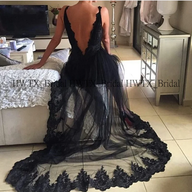 HWTX_Bridal, сексуальные черные кружевные платья для выпускного вечера,, глубокий v-образный вырез, открытая спина, прозрачная юбка, длинное официальное вечернее платье, Vestidos De Novia
