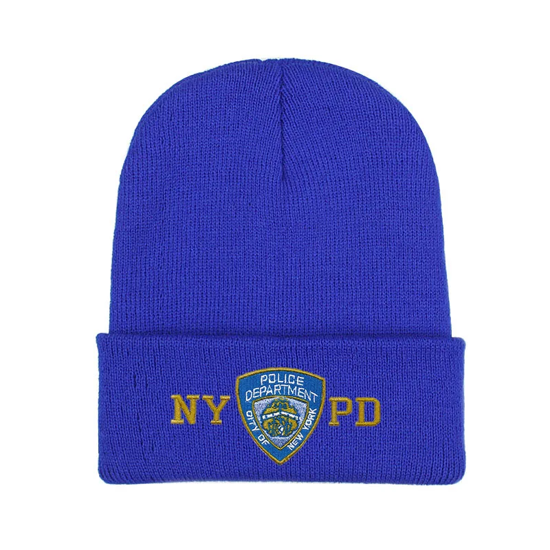 NYPD полиция зимние теплые шапочки Skullies мужские Толстая шапочка шапки Мужская спортивная шапочка в стиле кэжуал двухслойная вязаная шапка - Цвет: Синий