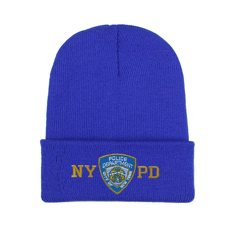 Синий NYPD полиция зимние теплые шапочки Skullies мужские Толстая шапочка шапки Мужская спортивная шапочка в стиле кэжуал двухслойная вязаная шапка - Цвет: Синий