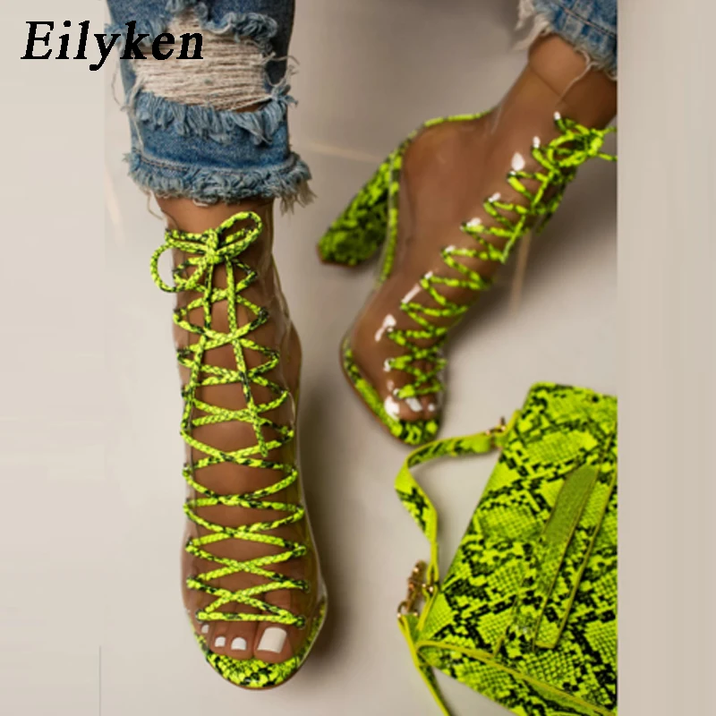 

Eilyken Sexy PVC Transparent Green serpentine Ankle Strap Boots Sandals Peep Toe Shoes Chunky heels Sandals Mujer Women Boots