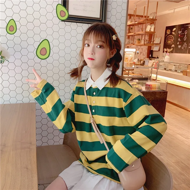 Harajuku/винтажная полосатая женская футболка с отложным воротником, одежда в Корейском стиле, футболка для девочек, японская футболка с длинными рукавами, Женский Топ - Цвет: Yellow T shirt