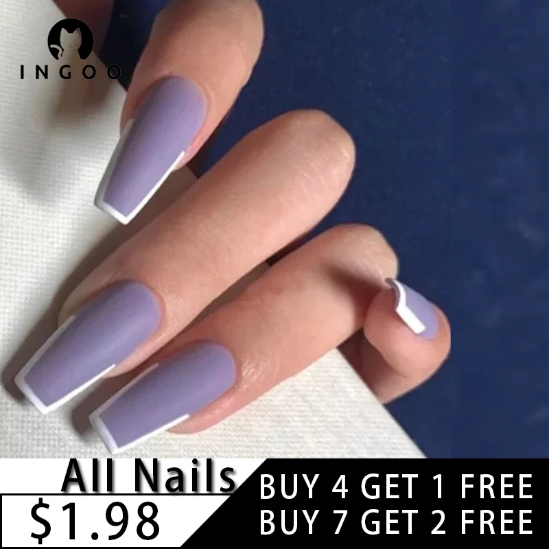 24Pcs Purple Frosted Matte Long Wearable Fake Nails Light Blue Striped  Cover Finger Tips Edge Art Stickers Detachable Faux Nail|False Nails| -  AliExpress