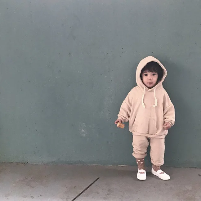 

Boys and Girls 2-piece Set 2020 New Autumn and Winter Grey Apricot Hooded Sweatshirt Set Kids Clothes