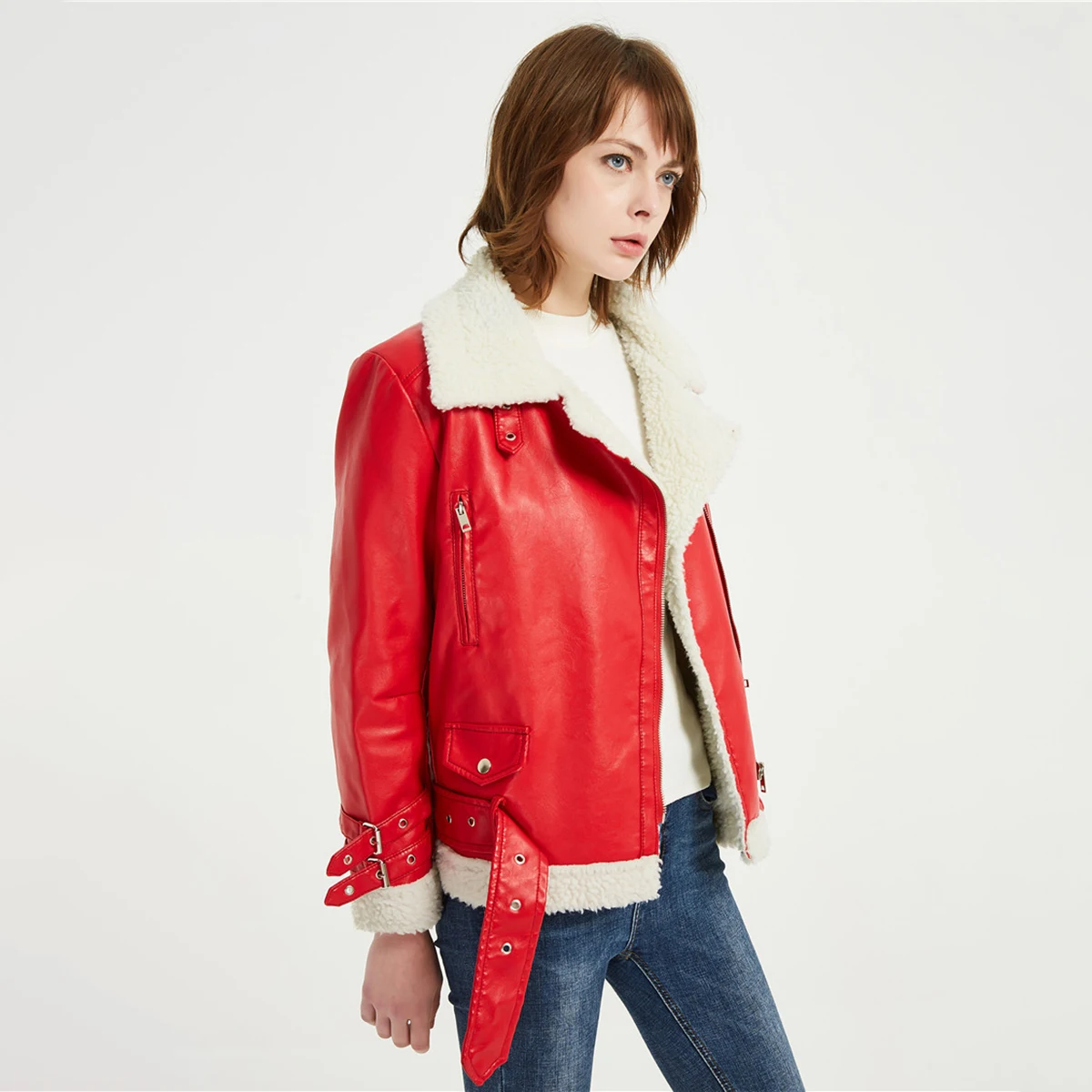 Vintage Women Faux Leather Thick Jacket Winter Turn-Down Collar Zippers Chains Buckle Black Jacket Retro Moto Biker Jackets