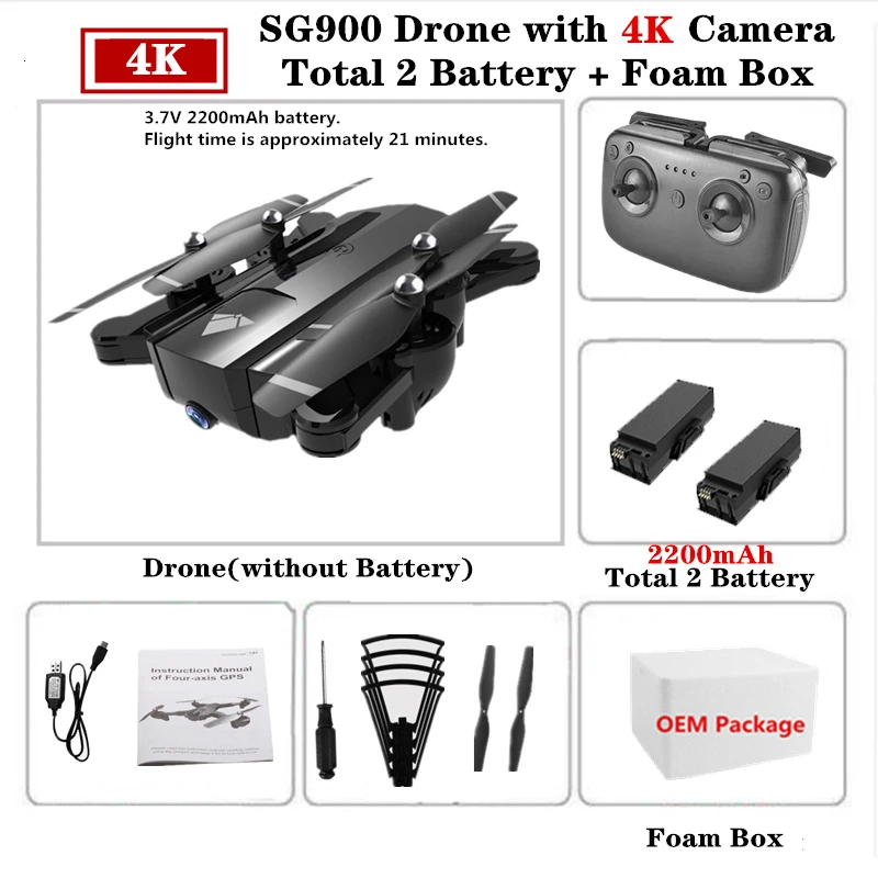 4K-2200-Foam Box-2 SG900 Радиоуправляемый Дрон с 4K Профессиональный селфи HD широкоугольная двойная камера оптический поток Следуйте складной Квадрокоптер VS S167 XS812 игрушка - Цвет: 4K-2200-Foam Box-2