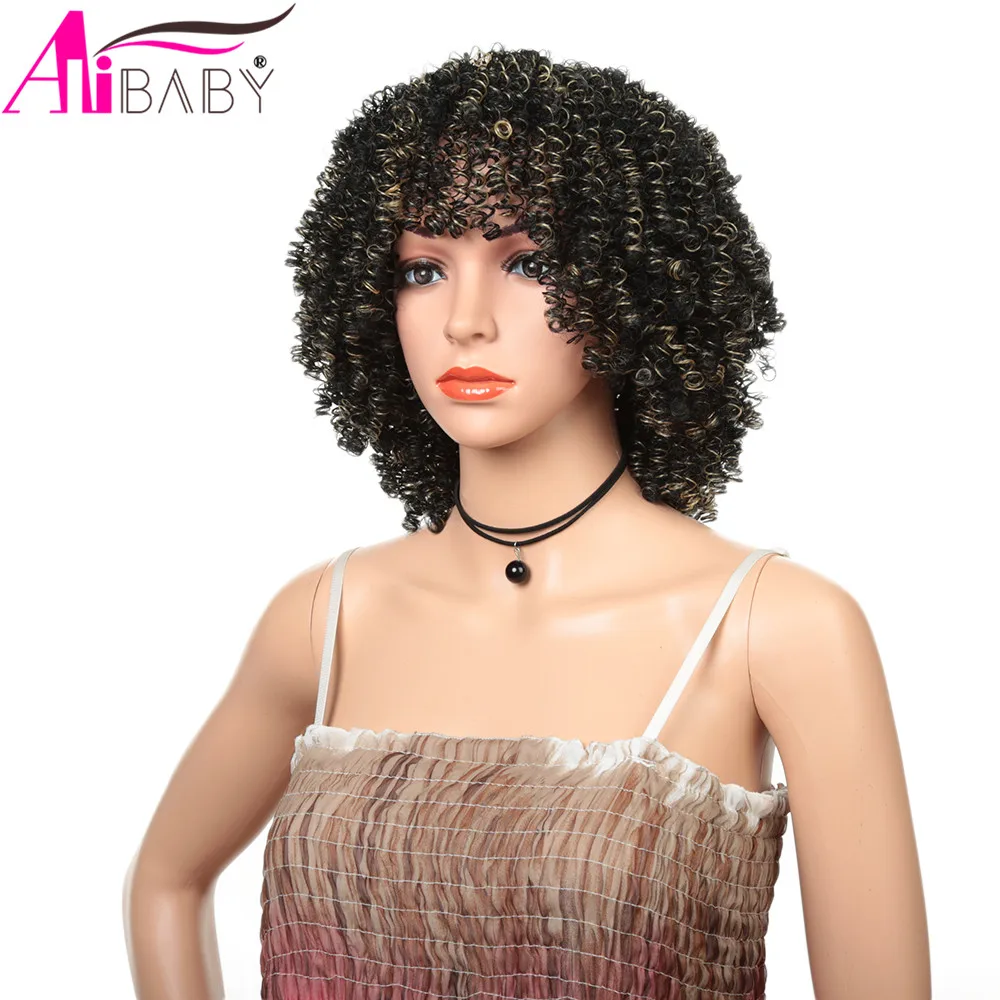 12inch Afro Kinky Curly Wig With Bangs Synthetic Short Wigs for Black Women Mixed Blonde Red Soft Fiber Black Wig