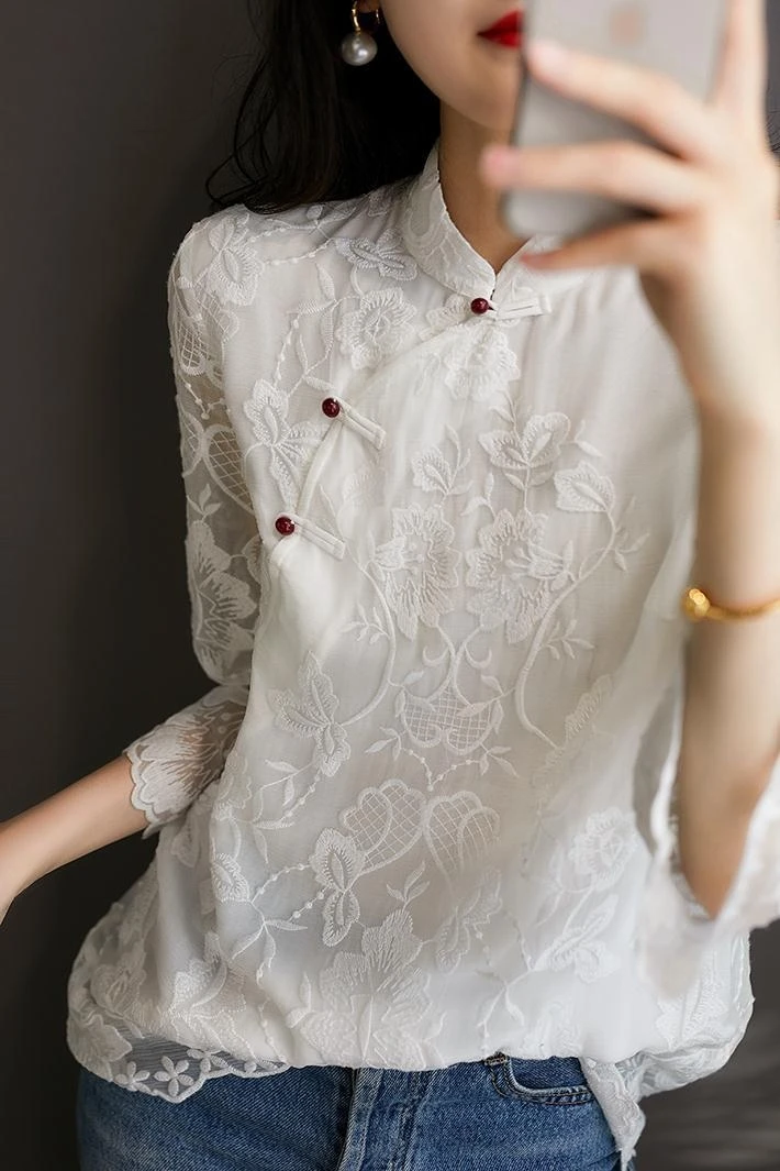 chinese style lace qipao top vintage women asian costume traditional embroidery shirt cheongsam tops