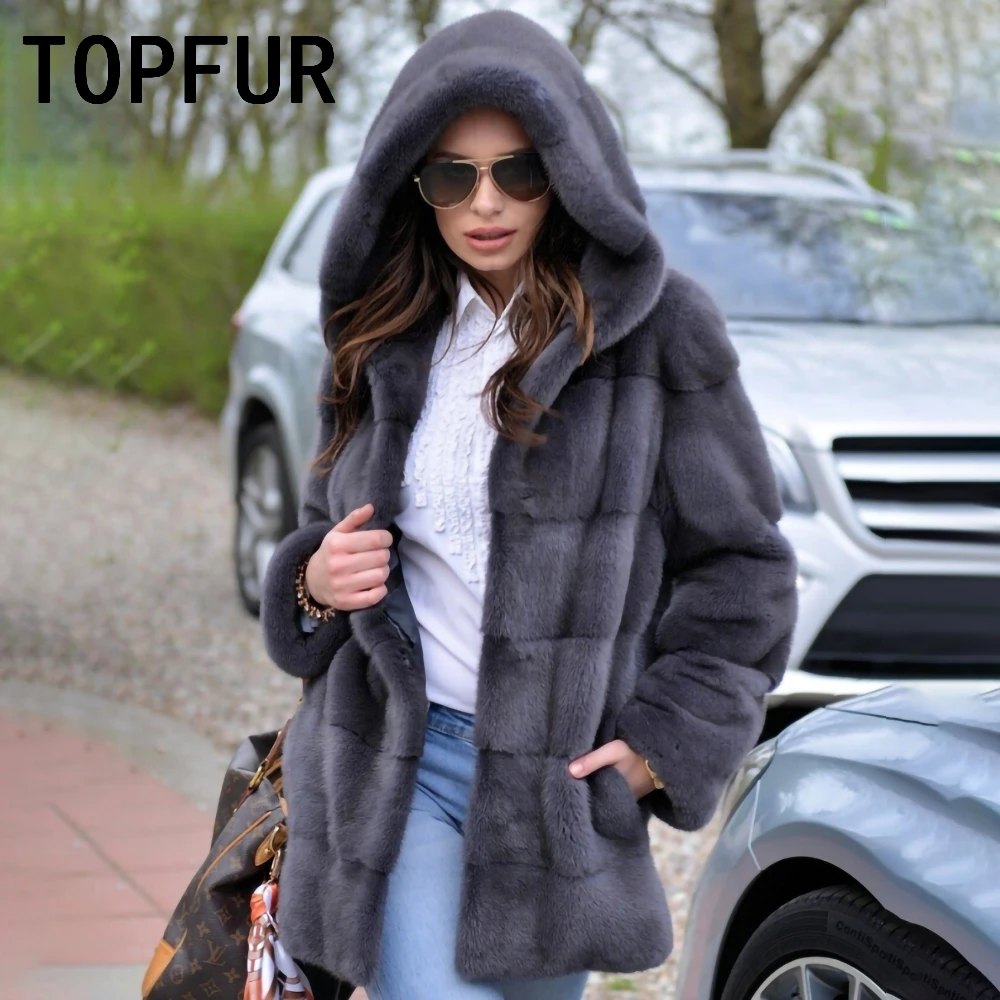 

TOPFUR Import Dark Grey Natural Mink Fur Coat With Hooded Luxurious Real Fur Coat WIth Belt Basic Jacket Female Customized Slim