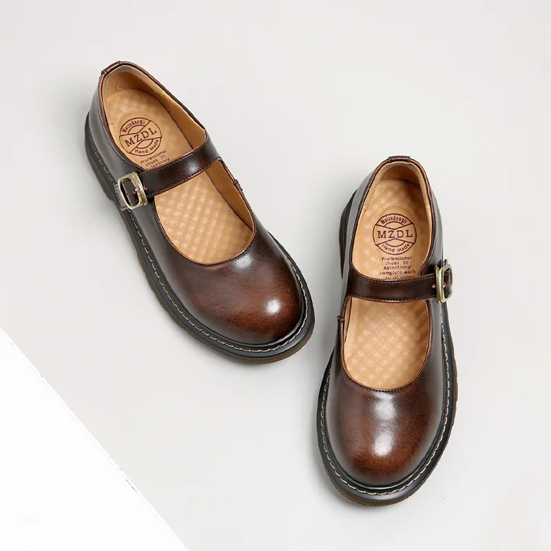 2023 Spring and Autumn New College Style Mary Jane Shoes Fashion Round Toe Flat Bottom Genuine Leather Low Heel Women Shoes 3