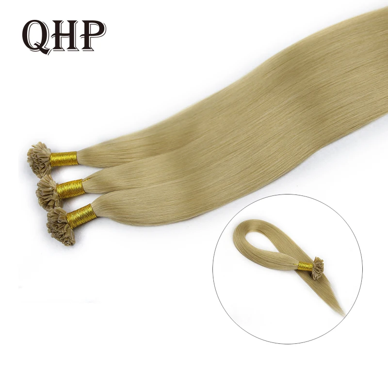 

QHP прямые волосы Remy наращивание волос 50 шт./комплект машинное изготовление Кератин U-образные человеческие волосы густые волосы конец 30%