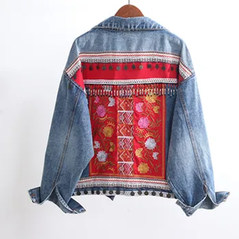 

Vintage Ethnic Style Embroidery Nail Pearl Cowboy Top Women 2020 Autumn Winter Long Sleeve Jeans Coat Loose Jean Jackets Female