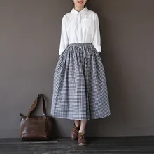 Модные Винтаж льняные и хлопковые женские юбки в стиле casual в клетку длинная юбка в льняная эластичная резинка на талии, для детей Свободная плиссированная юбка falda Mori Girls»
