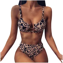 JAYCOSIN Women's Leopard Beach Swimsuit Sexy Women Leopard Printed Buckle Bikini Push-Up Padded Swimwear Swimsuit Set