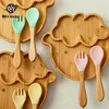 Let's Make Baby Dinner Plates Set Wooden Cartoon Dinner Plate Fork Spoon Children Feeding Plate Safe Edible Silicone Product 2