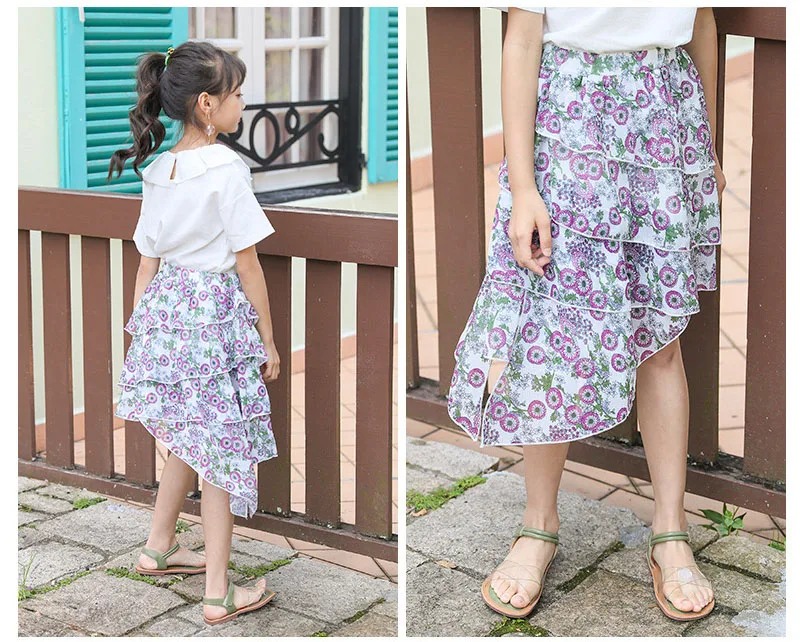 Summer 2020 Chiffon Layered Skirts Dresses For Teenage Girls Floral Printed Asymmetrical Skirt Kids Mid Waist Cute Skirt Clothes (13)