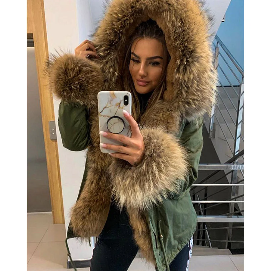 MaoMaoKong Winter Jacket Parkas Natural Real Fox Fur Collar Faux Fur Lining Women Fur Coat