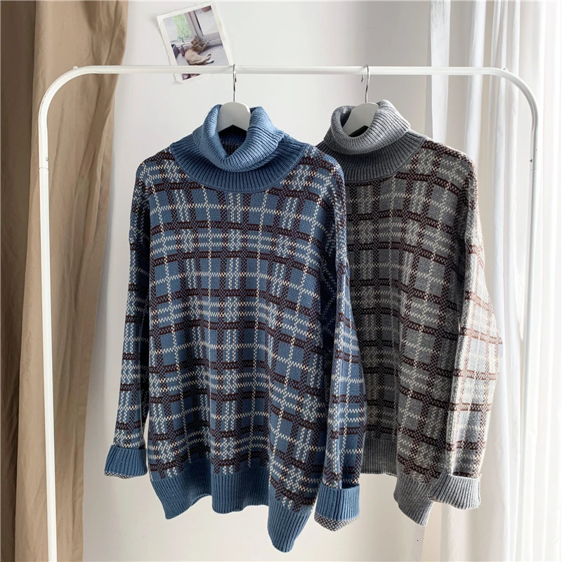 Winter Turtleneck Sweater Men's Warm Fashion Casual Retro Knit Pullover Men Streetwear Plaid Sweater Male Sweter Clothes