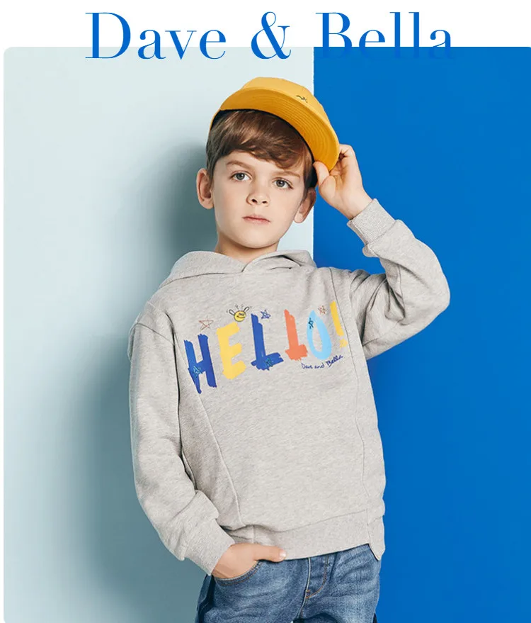 DBK10684 dave bella/Осенняя детская футболка для мальчиков футболка с капюшоном и длинными рукавами, пуловер с принтом для малышей, высокое качество