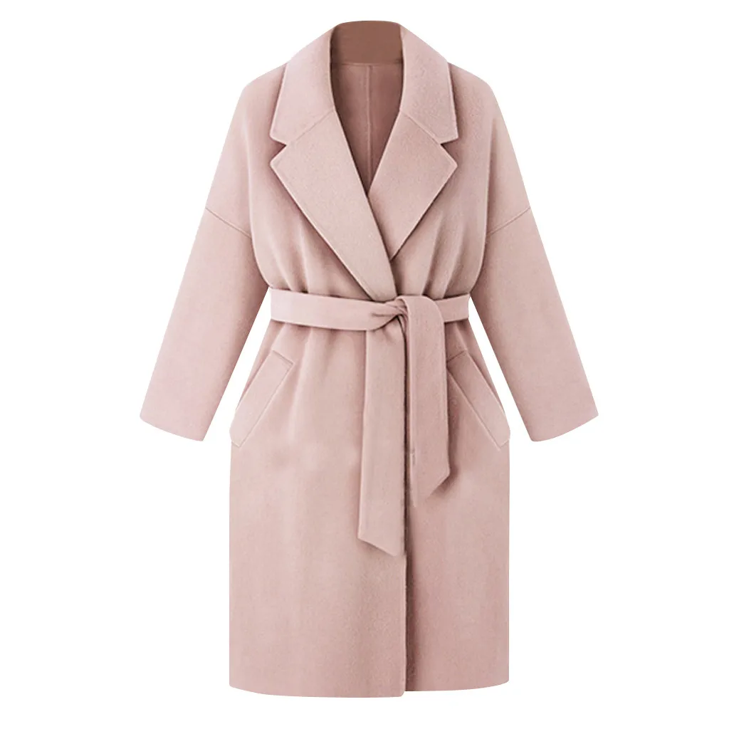 SAGACE элегантные дамы лацкане с длинным рукавом карман Пояс шерстяное пальто в длинном разделе шерстяное пальто работа профессиональная одежда - Цвет: Розовый
