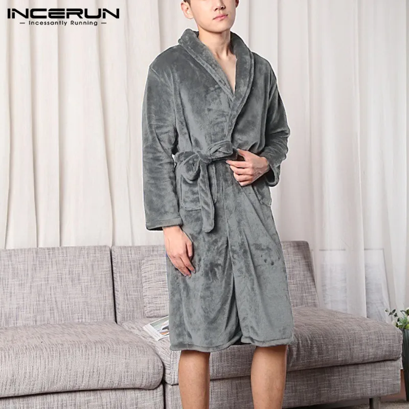 INCERUN Long Sleeve Flannel Men Robes Kimono Solid Casual Plush Sleepwear Fashion Warm Couple Bathrobes Winter Men Homewear