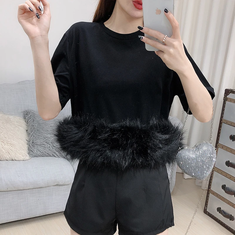 ALPHALMODA, весна, новинка, Джокер, простой пуловер, короткий рукав, футболка для женщин, меховая отделка, пэчворк, модная футболка, черный, белый