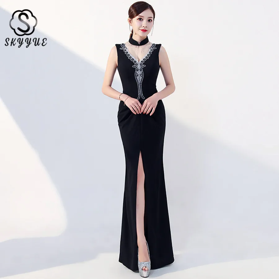 

Skyyue Evening Gown Formal Dress 2019 Fashion High Collar Hollow Split Floor Length Mermaid Evening Dresses Robe De Soiree HH076