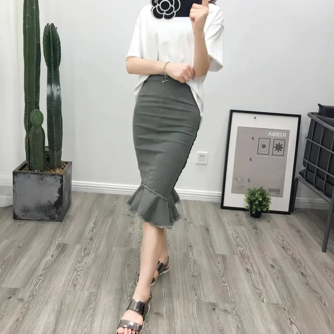 

Korean-Style Retro CHIC Spring And Autumn New Style High-waisted Slim Fit Slimming Denim Skirt Sheath Fishtail Skirt Women's J84
