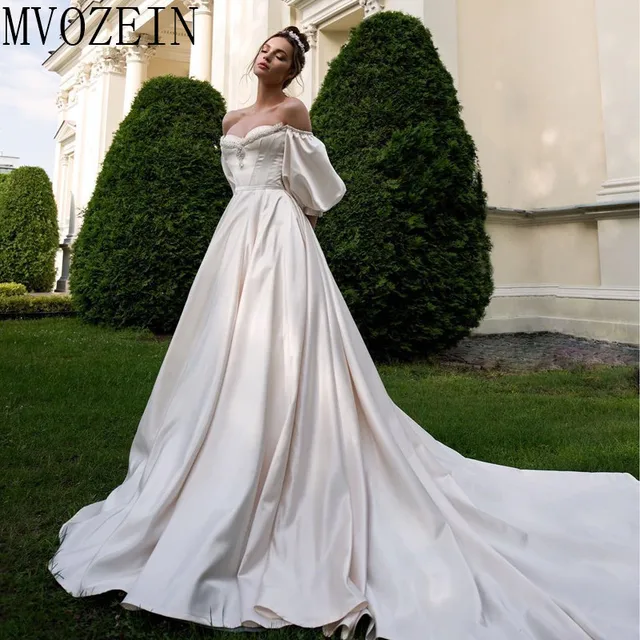 Vintage düğün elbisesi es 2019 saten gelinlikler kapalı omuz tam kollu el boncuklu düğün elbisesi robe de mariage