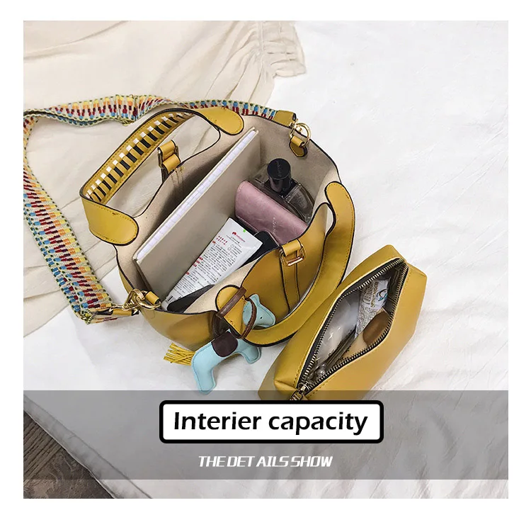 Women's Fashion Composite Bag 2pcs Female Leather Handbags Top Handle Bucket Bags Colorful Strap Crossbody Bag With Horse Tassel (8)