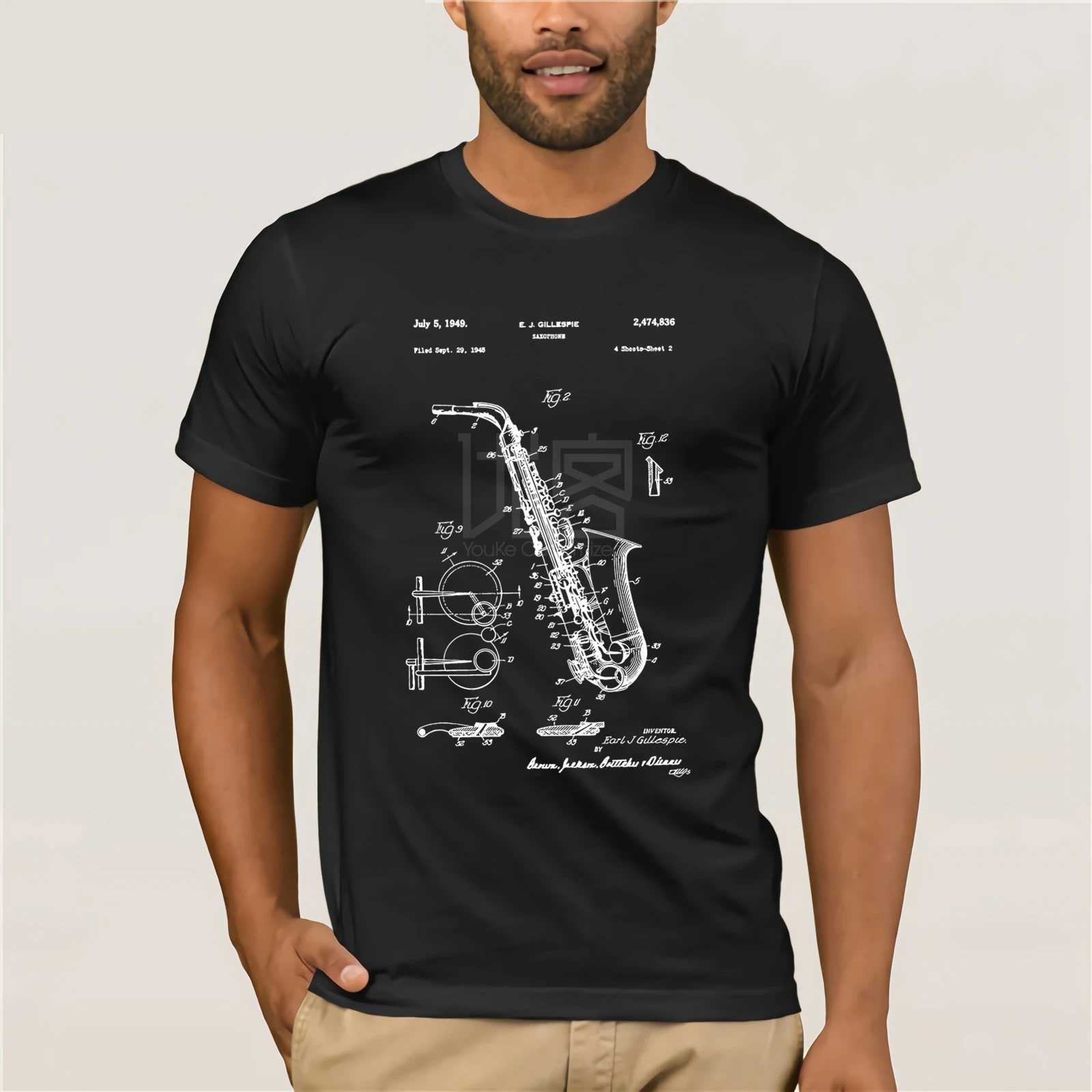 

Saxophone Patent Drawing 1949 T-Shirt Men's shirt gildan trendy t-shirt Summer Fashion Street Short Sleeve T-Shirt