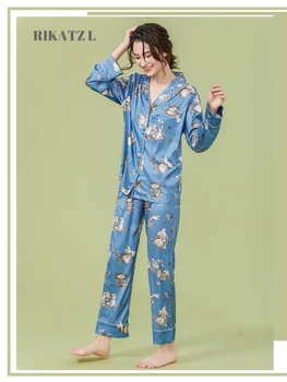 

Women 2 Piece summer sets Printing sleep set Silk Sleepwear Long sleeve pajamas Women Homewear Spring Women Pants pajama