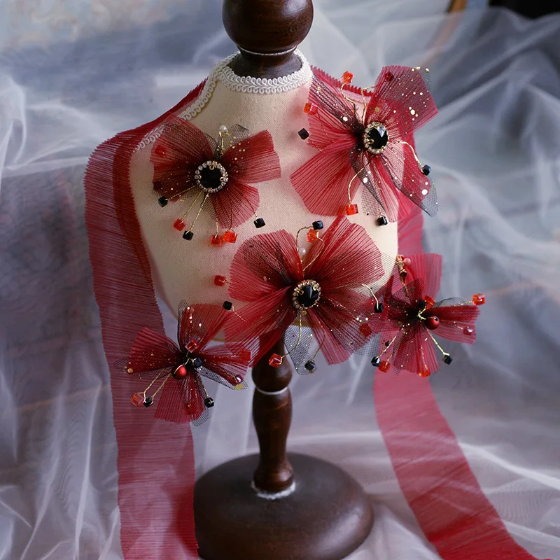 

Bride handmade silk yarn barrettes headbands beaded wine red hair accessories set bride wedding headdress accessories