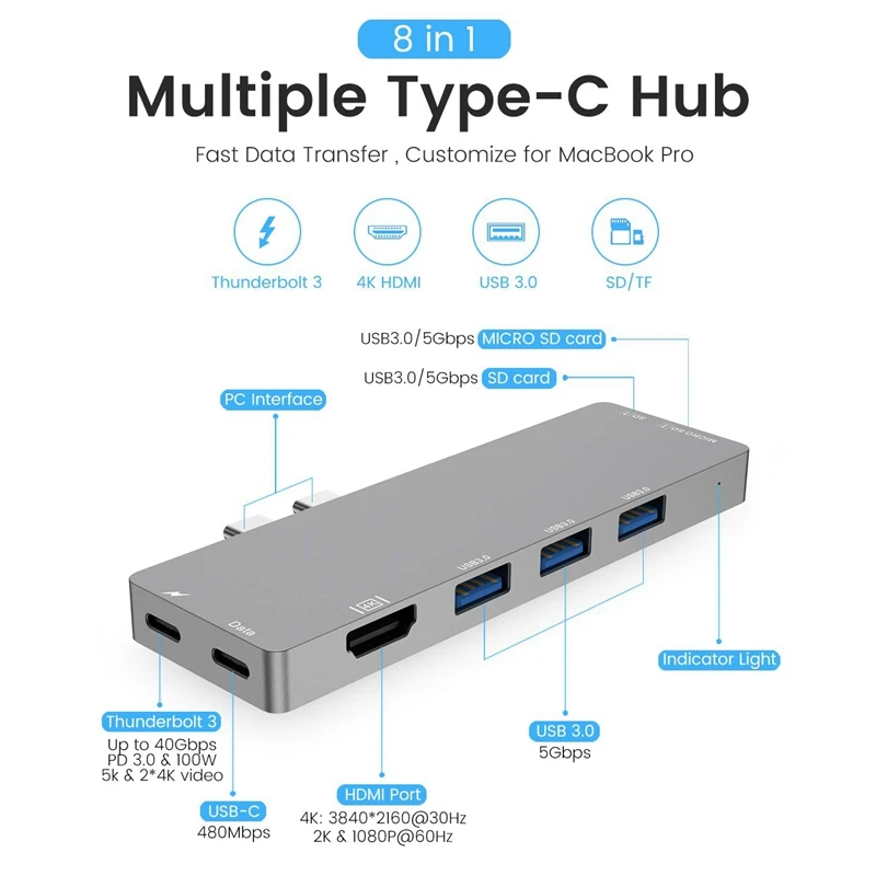  Thunderbolt-3 Type-C Hub 8 In 1 Card Reader USB3.1 Charger Adapter 4K HDMI for MacBook Pro 2016/201