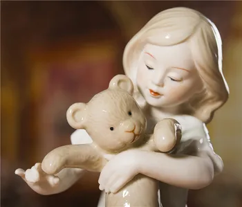 

Doll Figurine Craft Ornament Accessories Porcelain Girl and Teddy Bear Statuette Ceramic for Birthday Folk Art Ceramic & Enamel