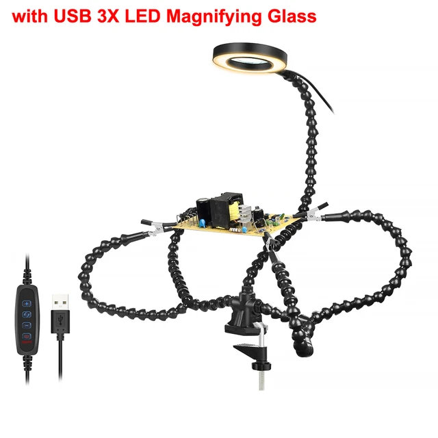 NEWACALOX Desk Clip PCB Soldering Holder 3X Magnifier with LED Light Welding Helping Hand Flexible Arm Soldering Third Hand Tool Black 3X Magnifier
