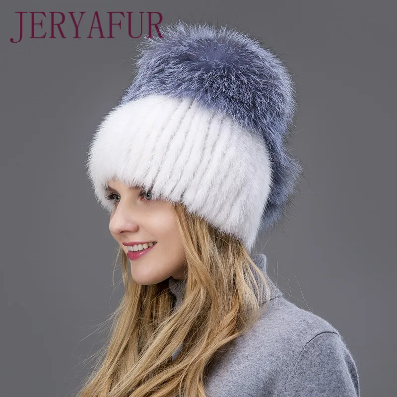 Heißer Verkauf Pelz Hut Hand-woven Kostenloser mail Winter Warme Frauen Nerz hüte Vertikale Weben Mit Fuchs Pelz Und leder Auf D