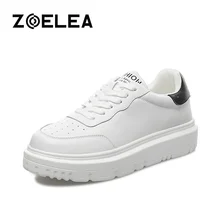 

ZOELEA Women's Platform Leather White Shoes Women Sneakers 2022 Fashion Breathble Vulcanized Shoes White Lace Up Casual Shoes
