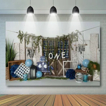 

Newborn Photography Backdrop White Wood wall Green Gress Cake smash Background Blue balloon child Decor Banner