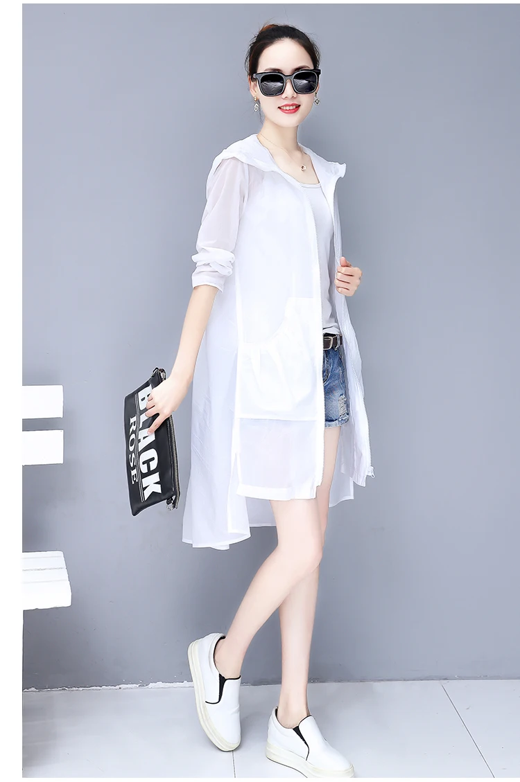 Summer Ultra-Thin Loose Trench Coat For Women Hooded Long Cardigan Beach Trench Coats Plus Size 3XL Windbreaker DV222