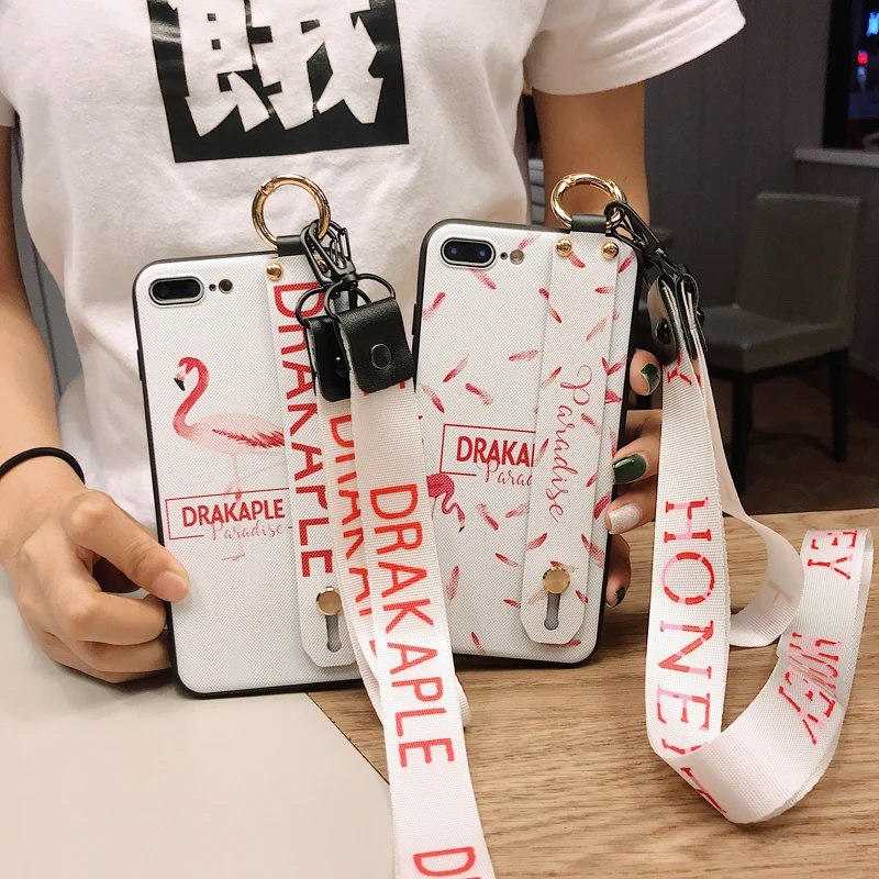 

Flamingo Case For iPhone Xs max XR X 6s 6+ 8 7 Plus Strap Stand Finger Ring Soft TPU Phone Cover Protective Neck Wrist Lanyard