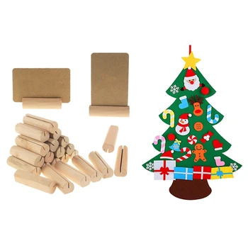 

1 Set 3D Felt 3Ft Christmas Tree Set with Ornaments & 20Pcs Photo Holder Stumps Wood Clips with Kraft Paper Cards Slot