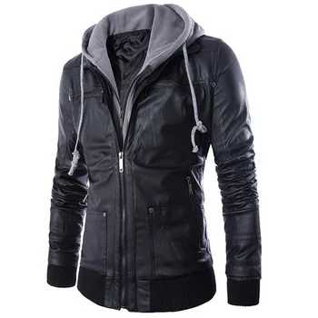 

Black Explosion Models Europe And The United States Wind Trade Slim Hooded Fake Two Men's Motorcycle Leather Jacket